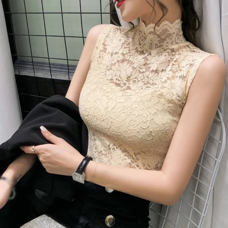 Haut ajusté en dentelle à col roulé pour femmes, tunique sexy, t-shirts pour femmes, bas précieux