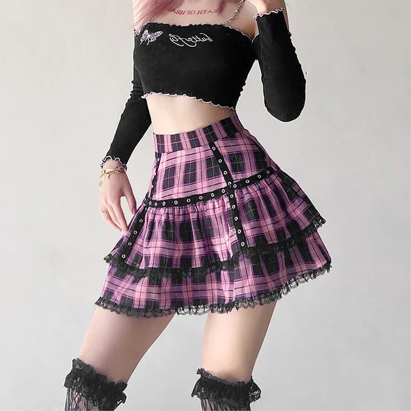 Lolita gâteau Mini jupes gothique japonais Harajuku filles violet rose Plaid jupe plissée Punk doux 