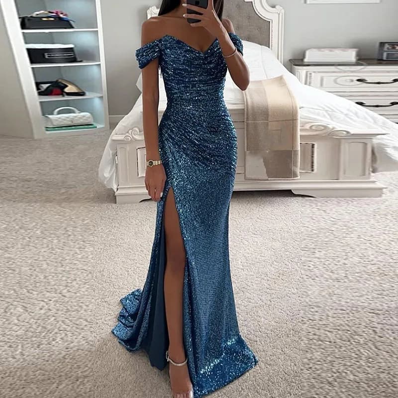 Robe de soirée longue à paillettes pour femmes, col slash, fente haute, hanches minces Sharkly, prin