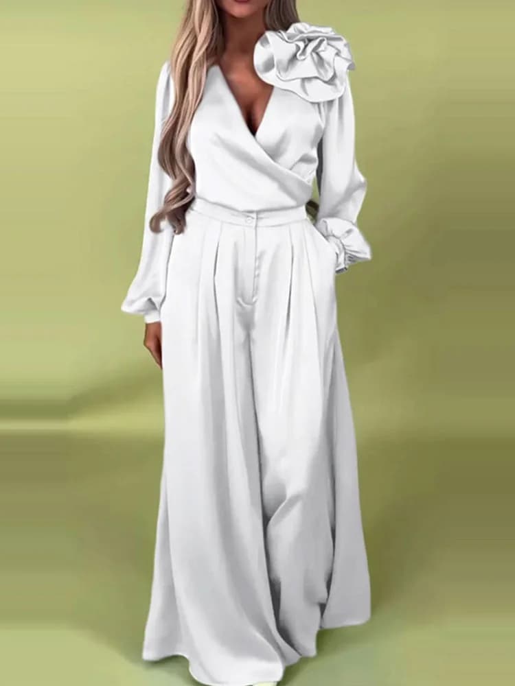 Ensemble deux pièces assorti pour femmes, décontracté, col en V, couleur unie, manches longues, jamb