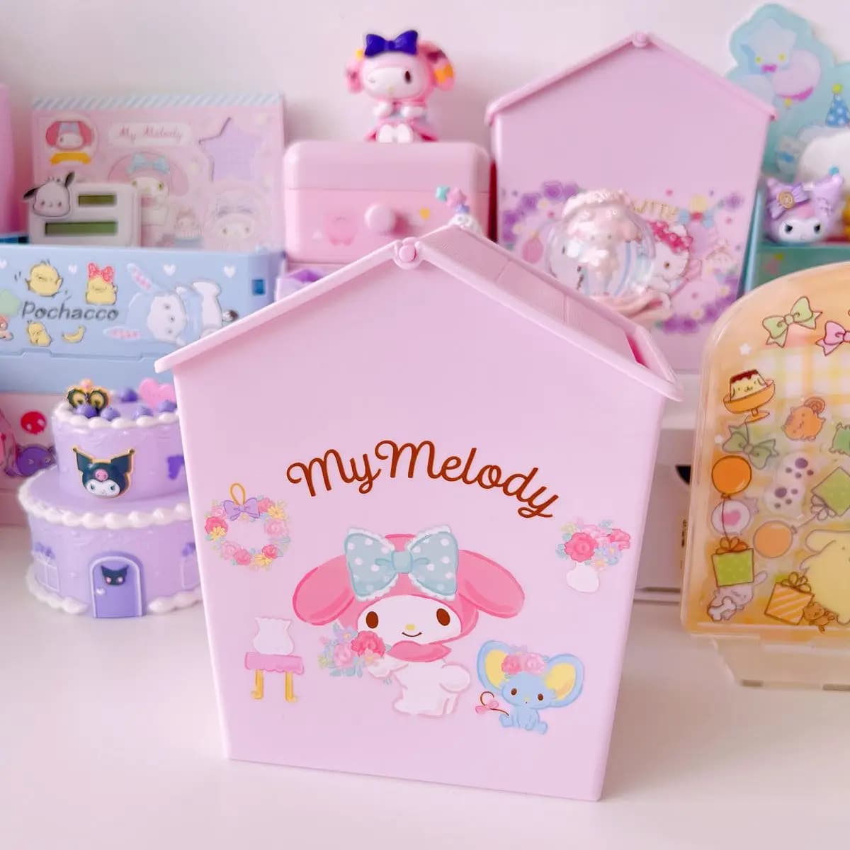 Boîte de rangement de bureau à induction, petite poubelle et porte-stylos, modèle maison Kuromi My M