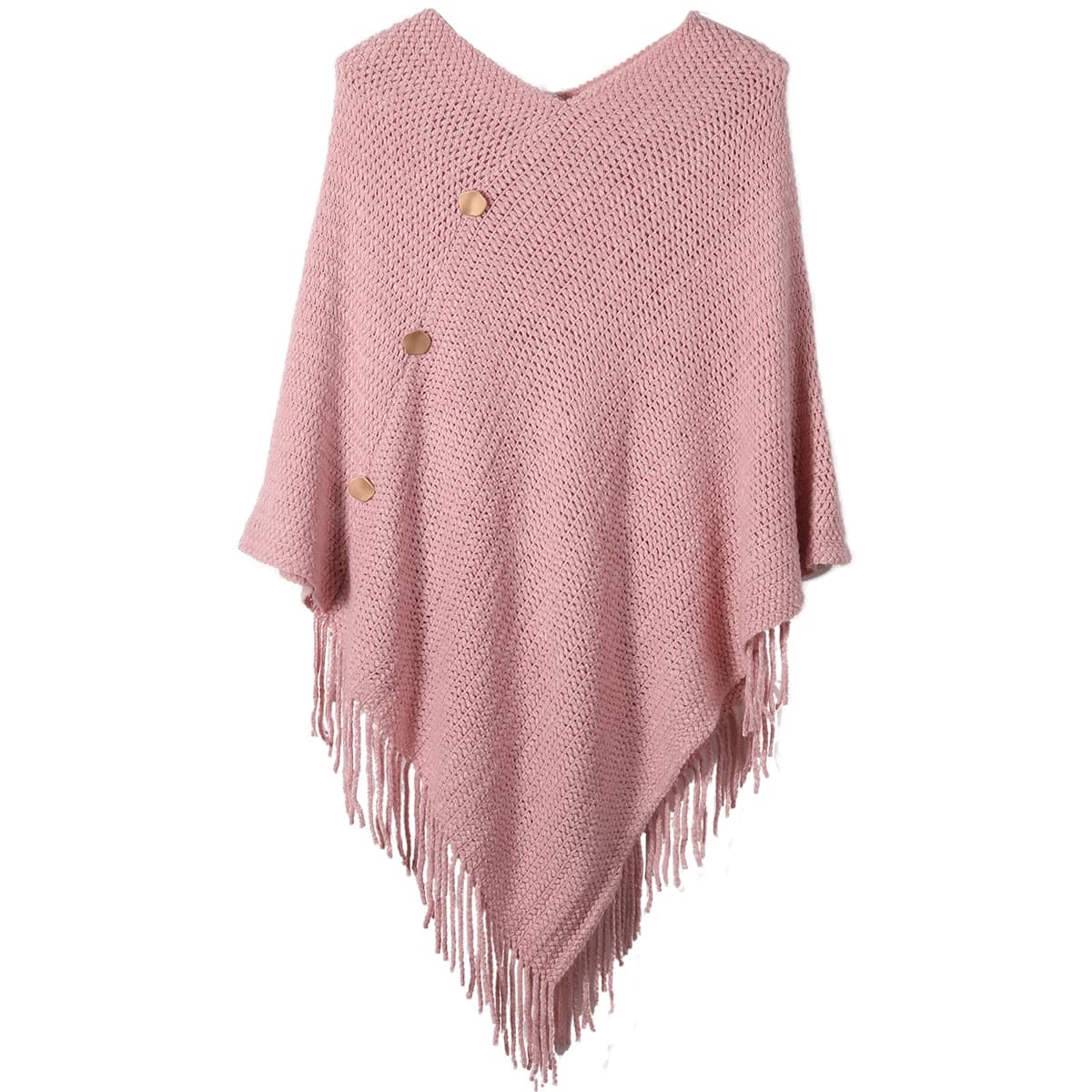 Châle à pampilles pour femmes avec faux boutons, couleur unie, adapté aux vêtements de déplacement à