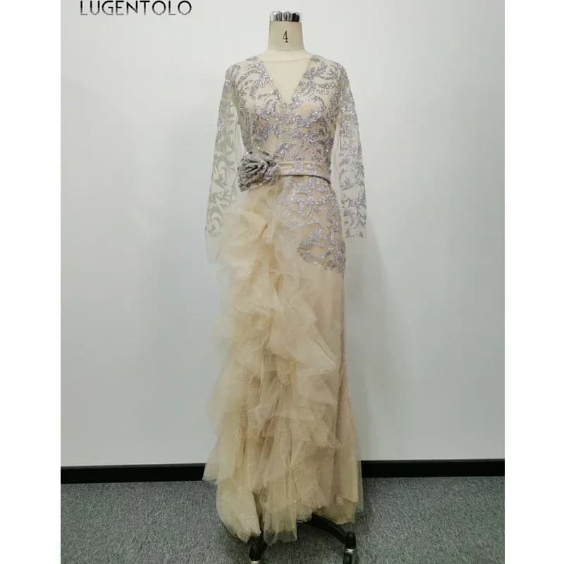 Lugentolo-Robe de soirée à paillettes pour femmes, nœud mince, manches longues, col rond, maille élé