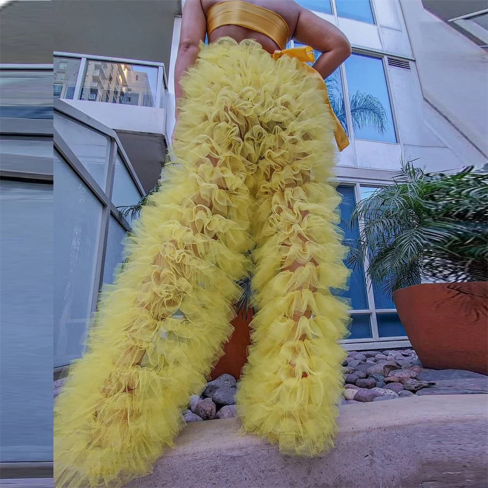 Pantalon en maille de tulle pour femme, pantalon à volants multicouches pour femme, taille haute, te