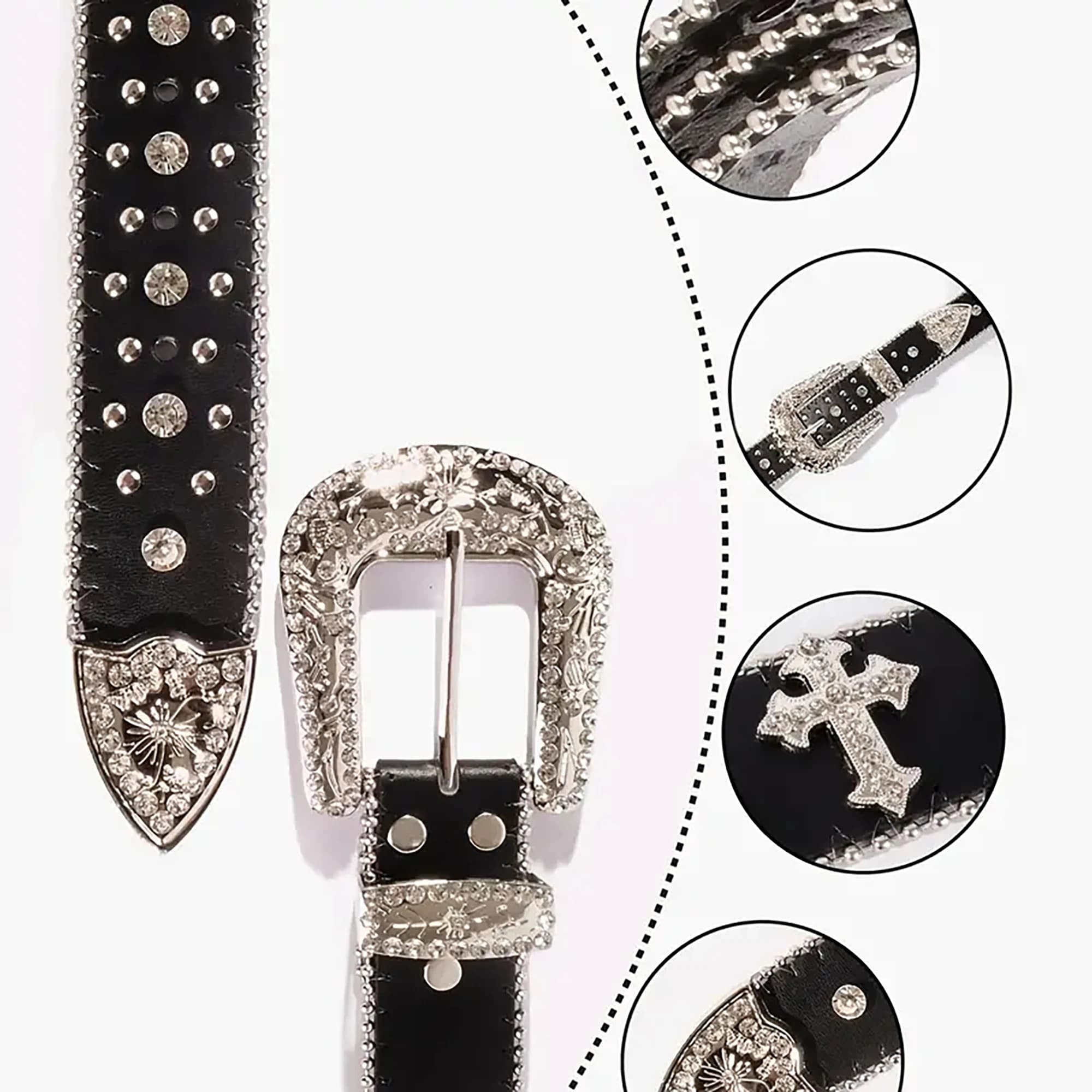 Ceinture à rivets croisés noirs, boucle gravée, décor en strass, ceinture en PU, Hip Hop, pantalon e