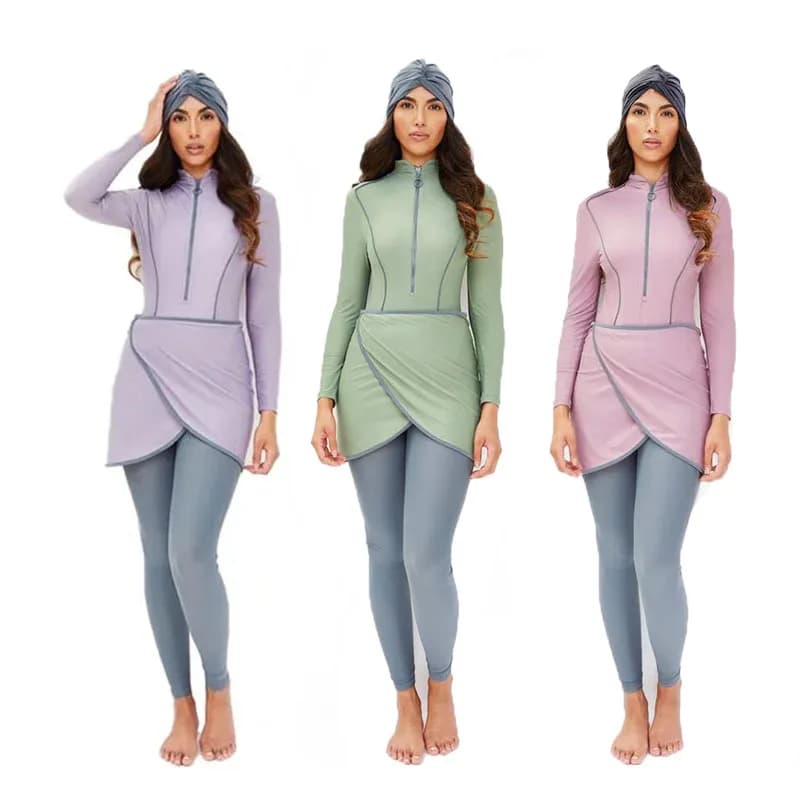 Maillot de Bain Musulman à Manches sulfpour Femme, Burkini, Turban, 3 Pièces