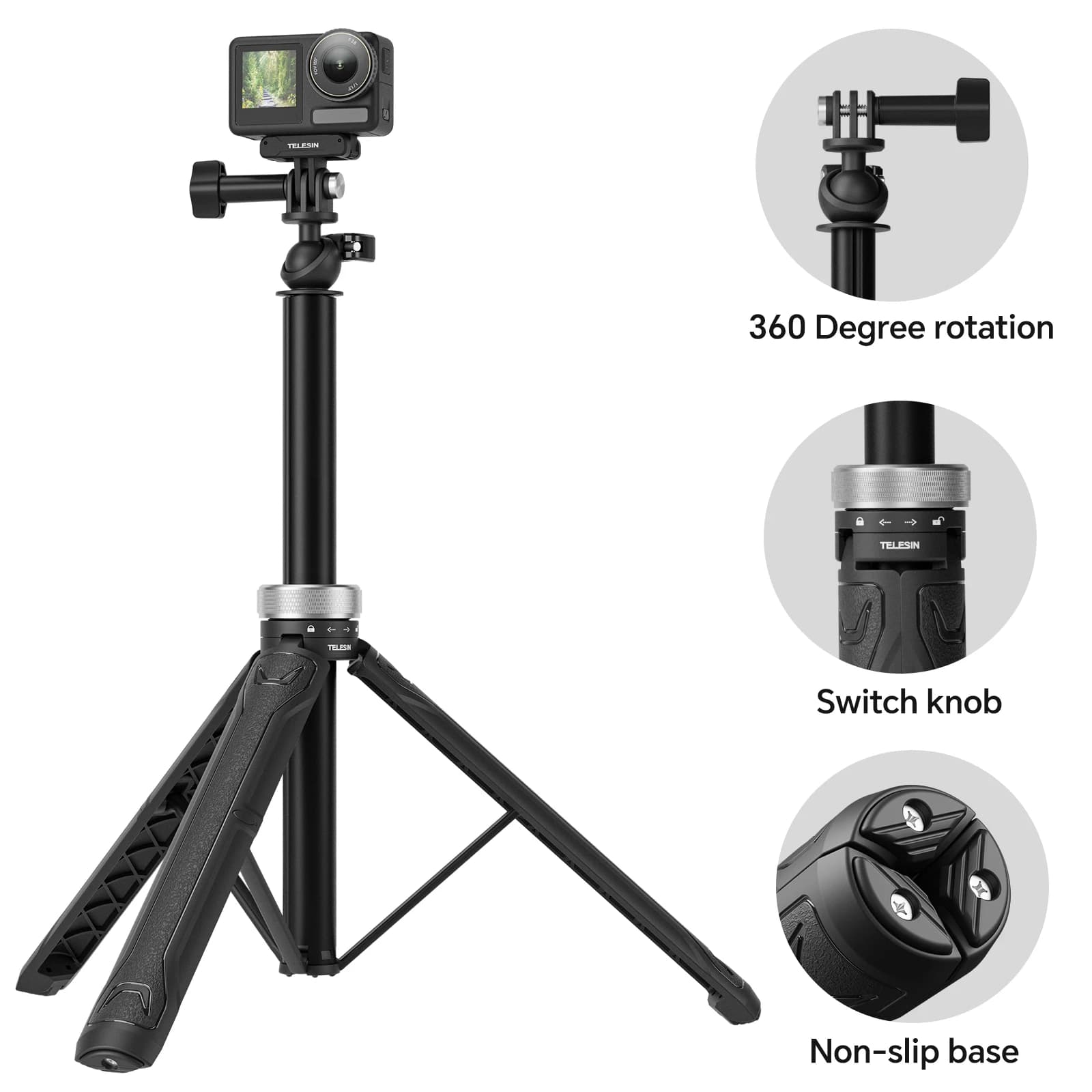 TELESIN-Trépied Selfie Stick Pliable, Rotation 360 °, 1.5m, Convient pour GoPro Fore13, 12, 11, 10, 