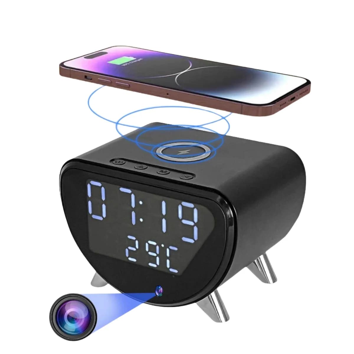 Caméra réveil à chargement sans fil – Surveillance HD 4K, détection de mouvement, visualisation à di