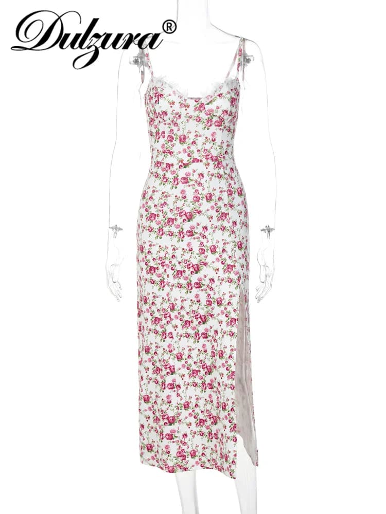 Tactical Zura-Robe mi-longue à imprimé floral pour femme, vêtements Y2K, dos nu, fente latérale, bat