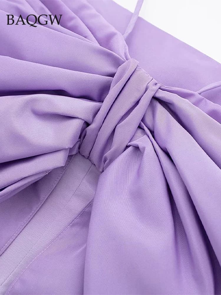 Robe mi-longue élégante à nœud papillon violet pour femmes, robe à bretelles mince, robe de soirée c