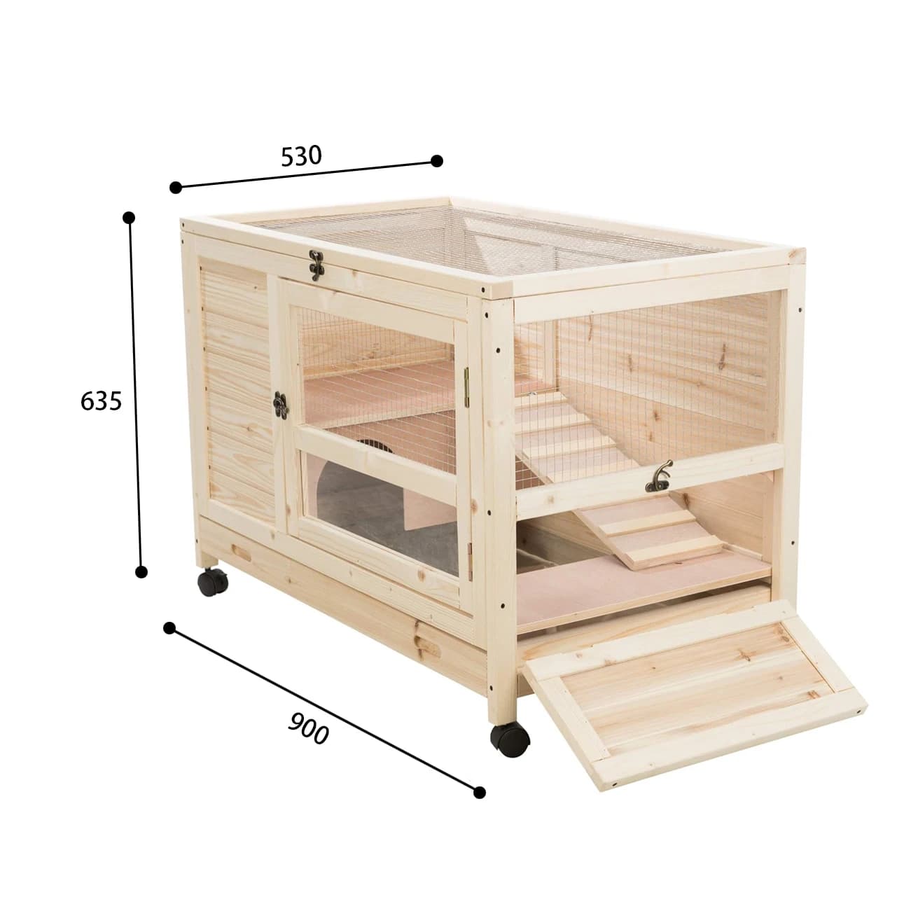 Lapin en bois à 2 niveaux pour l'extérieur, chalets avec rampe, roues, manipulation, mouvement, inst