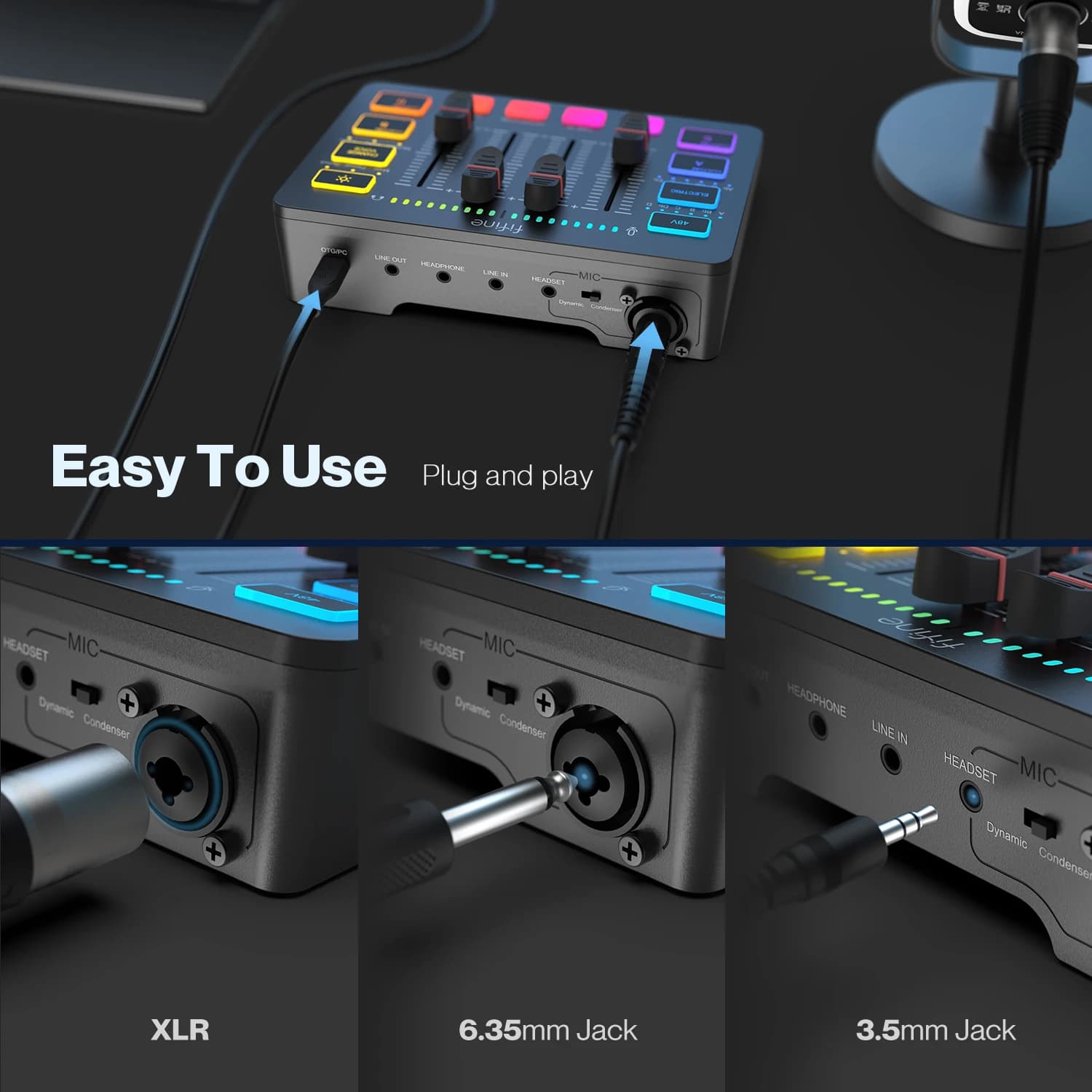 Mélangeur de jeu USB FIFINE avec Interface de Microphone XLR, alimentation fantôme 48V, RVB, carte s