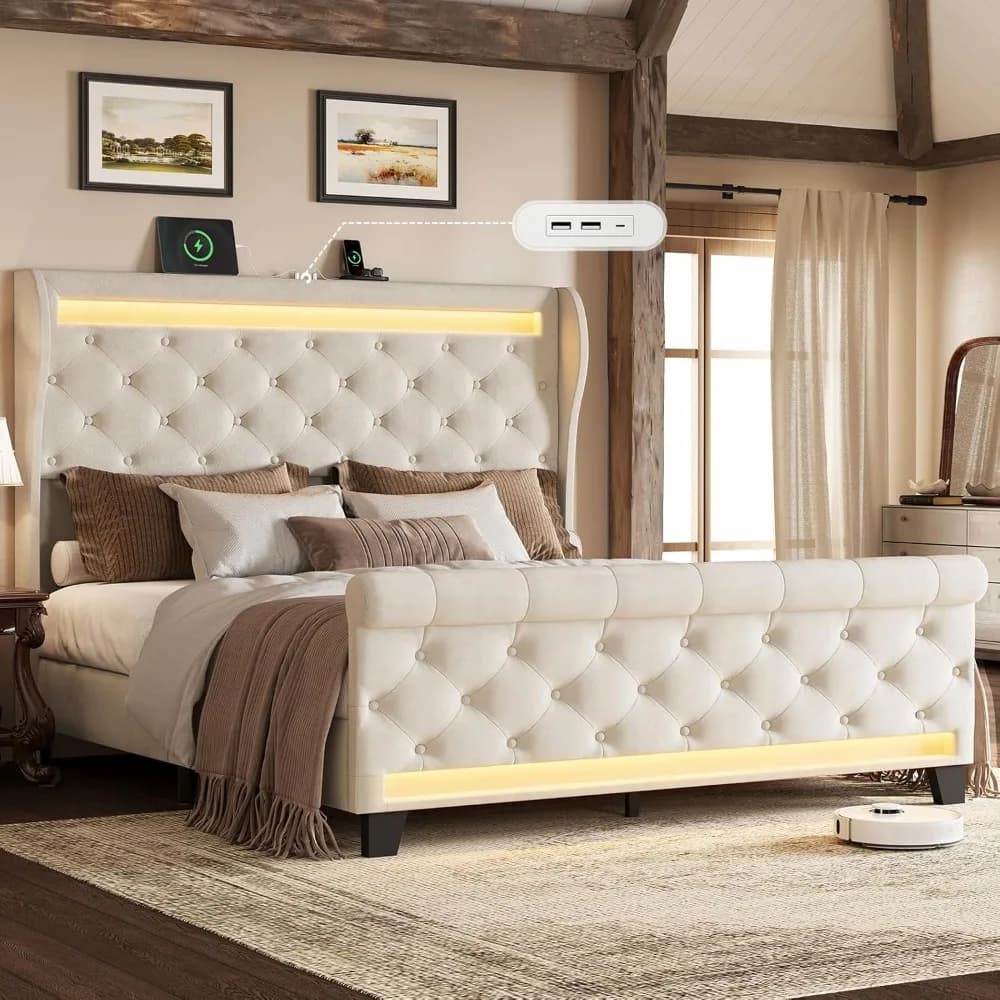 Cadre de lit queen size avec tête de lit, lit plateforme en velours rembourré avec tête de lit haute