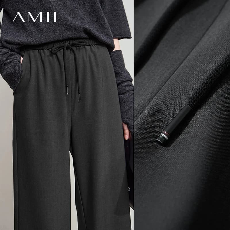 AMII 2025 automne femmes pantalon ample décontracté à lacets élastique jambe large pantalon droit so