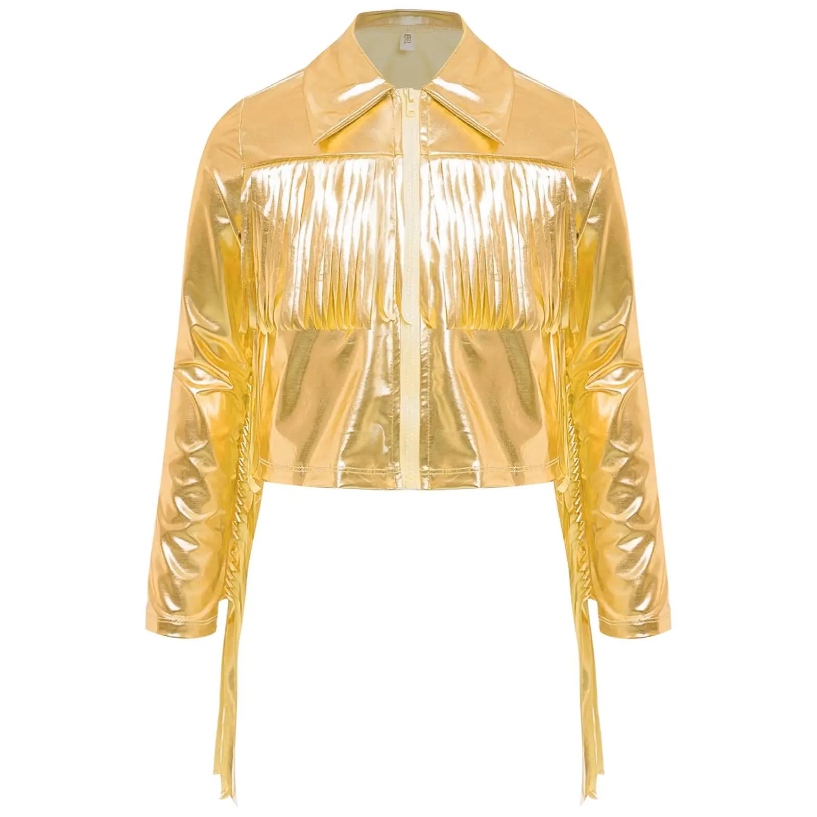 Vestes à pompons pour filles, Streetwear, Costume de danse Jazz métallique, col rabattu, manteaux à 