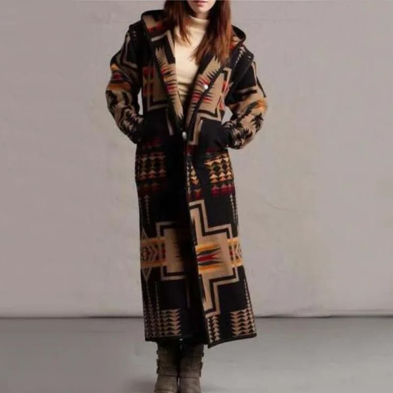 Femmes Mode Ethnique Style Boho Imprimé À Capuche Long Manteau adt Outwear Match Couleurs Plus La Ta