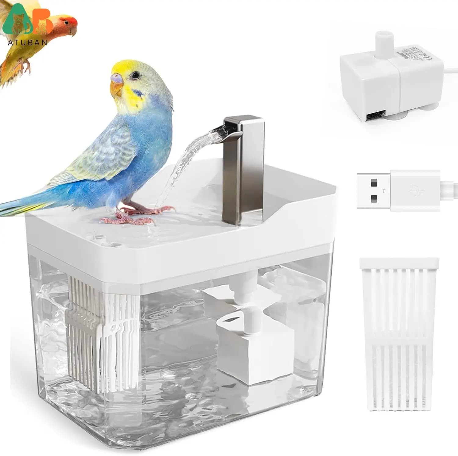 ATUBAN Bain d'oiseaux automatique pour perruches avec pompe, fontaine de douche pour oiseaux, baigno