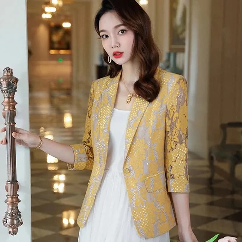 Blazer en dentelle mince pour femme, petite veste trempée, blazer évidé mince pour femme, bouton uni
