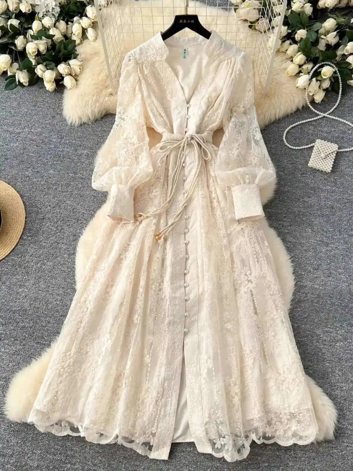 Robes formelles brodées de luxe pour femmes, lanterne d'été et d'automne, manches longues, dentelle,