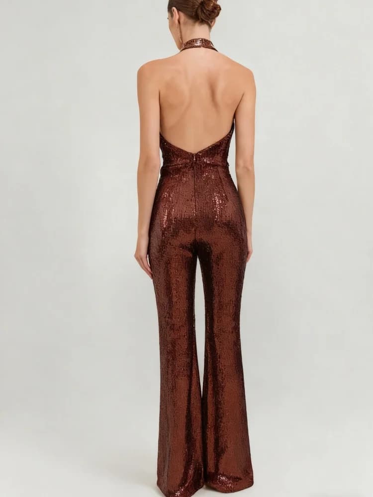 VC-Combinaisons dos nu à paillettes dorées pour femmes, vêtements féminins une pièce, design de luxe