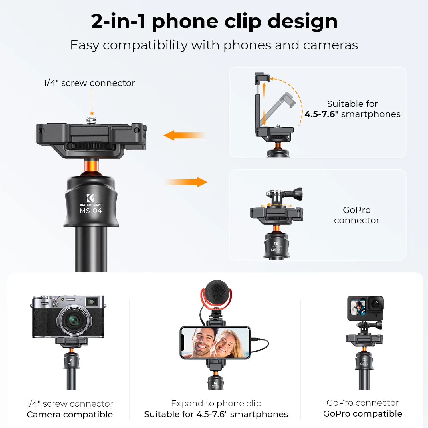 K&F CONCEPT MS08 Trépied pour téléphone portable 62''/1,58 m, bâton à selfie noir et orange avec tél
