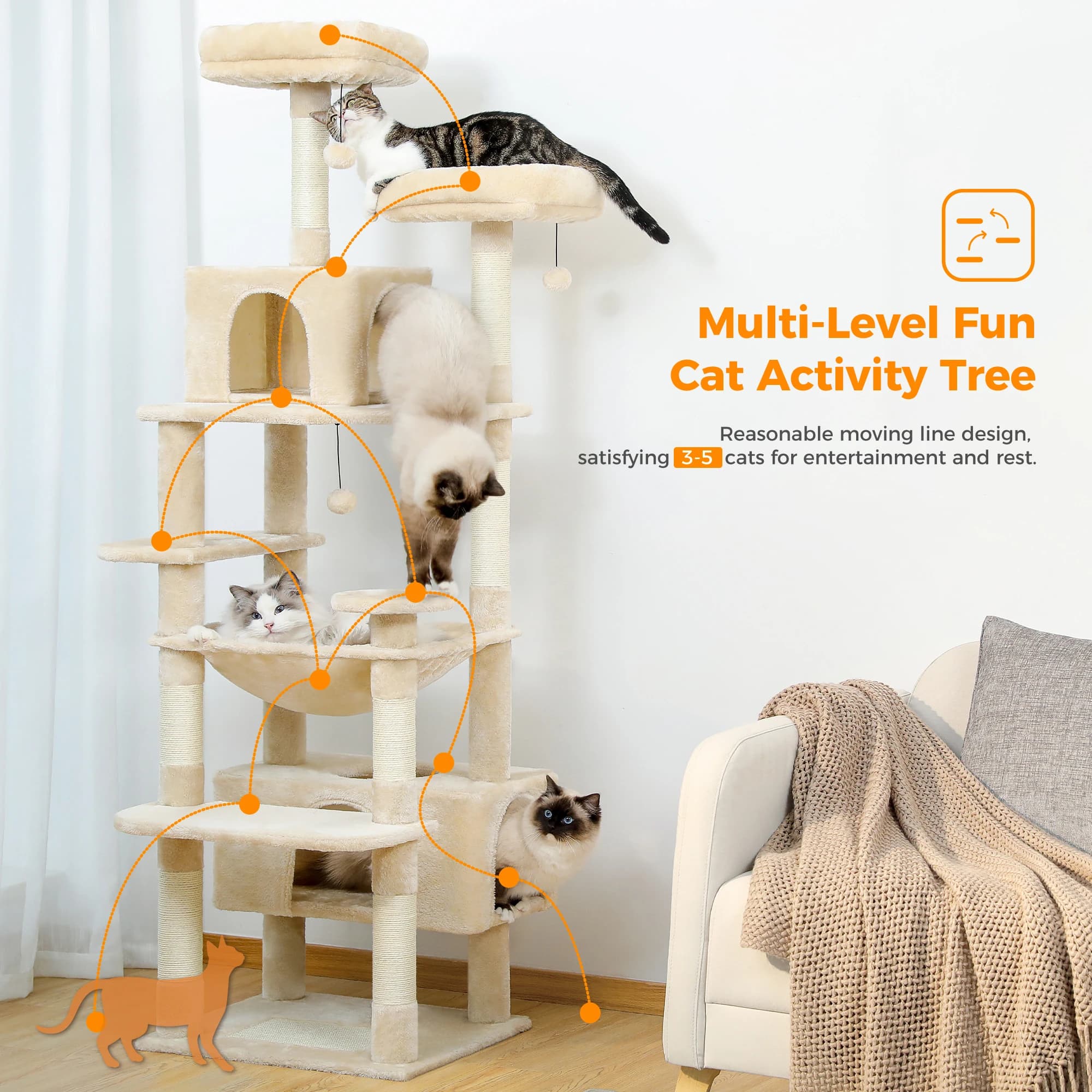 Grand arbre et tour pour chats d'intérieur, avec postes à gratter recouvertes de Sisal, hamac spacie