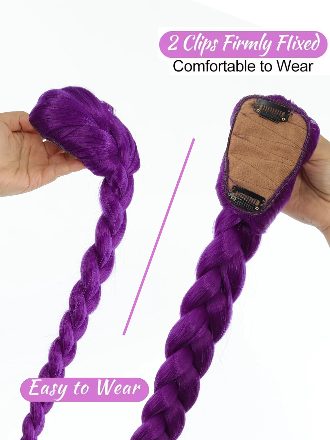 Queue de cheval synthétique longue de 26 pouces avec clips, cheveux violets tressés, coiffure de Cos