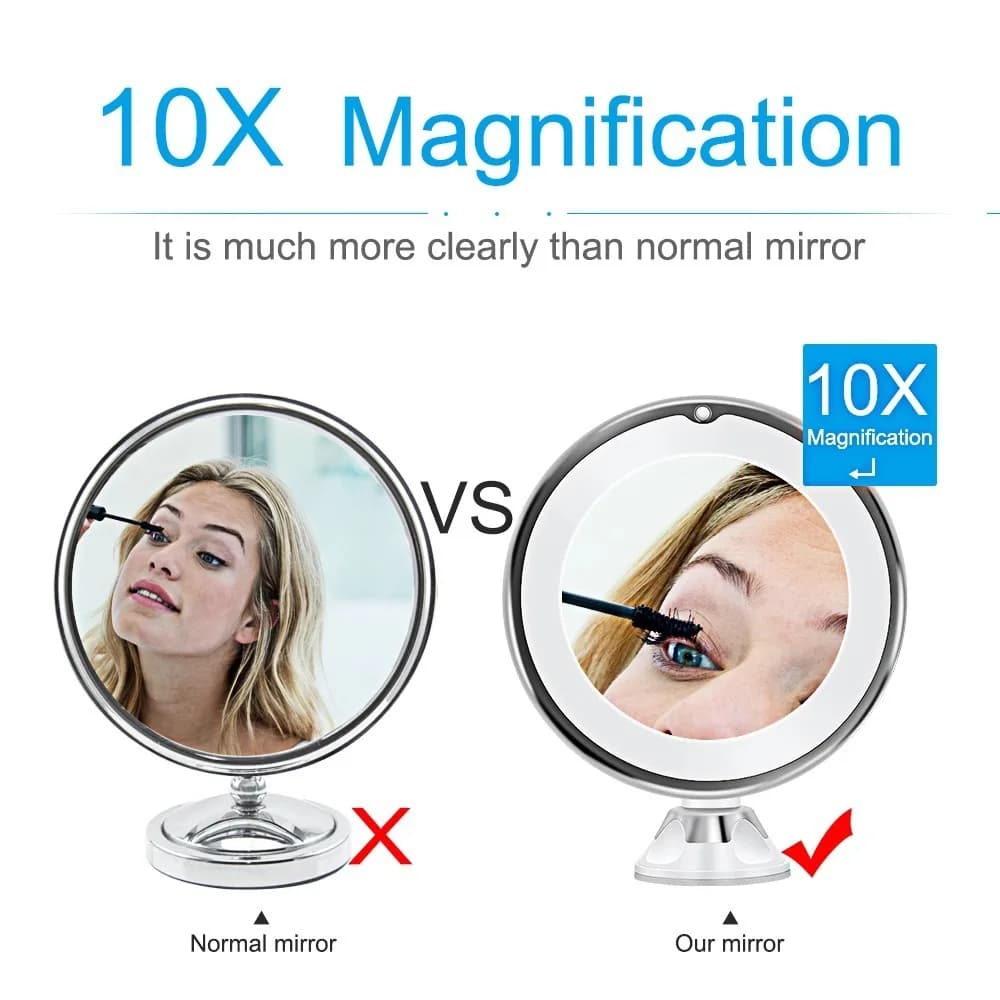 Miroir de vanité grossissant Flexible 10x avec lumières, éclairage à écran tactile, lampe de maquill