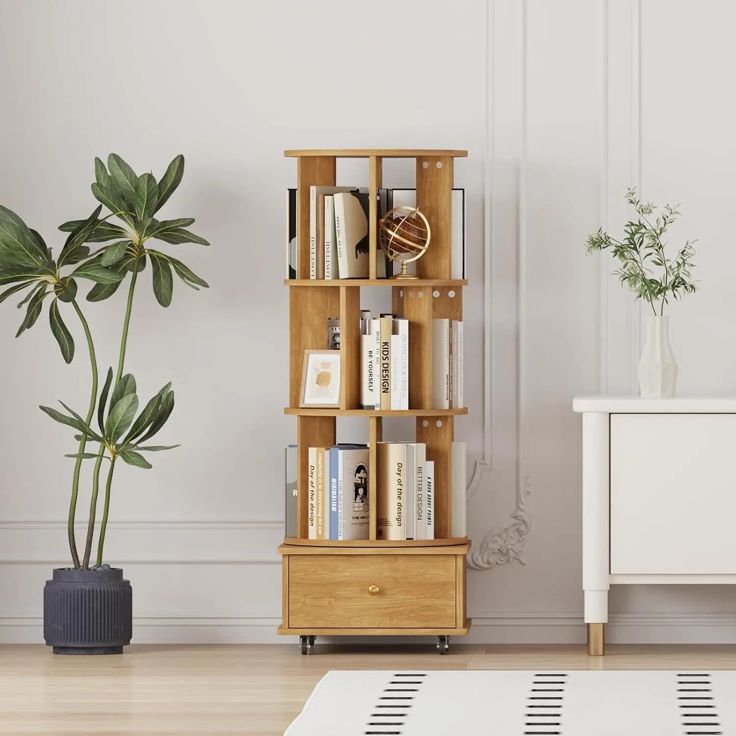 Étagère rotative à 3 niveaux avec tiroirs et roulettes, bibliothèque d'angle 360°, tour de rangement