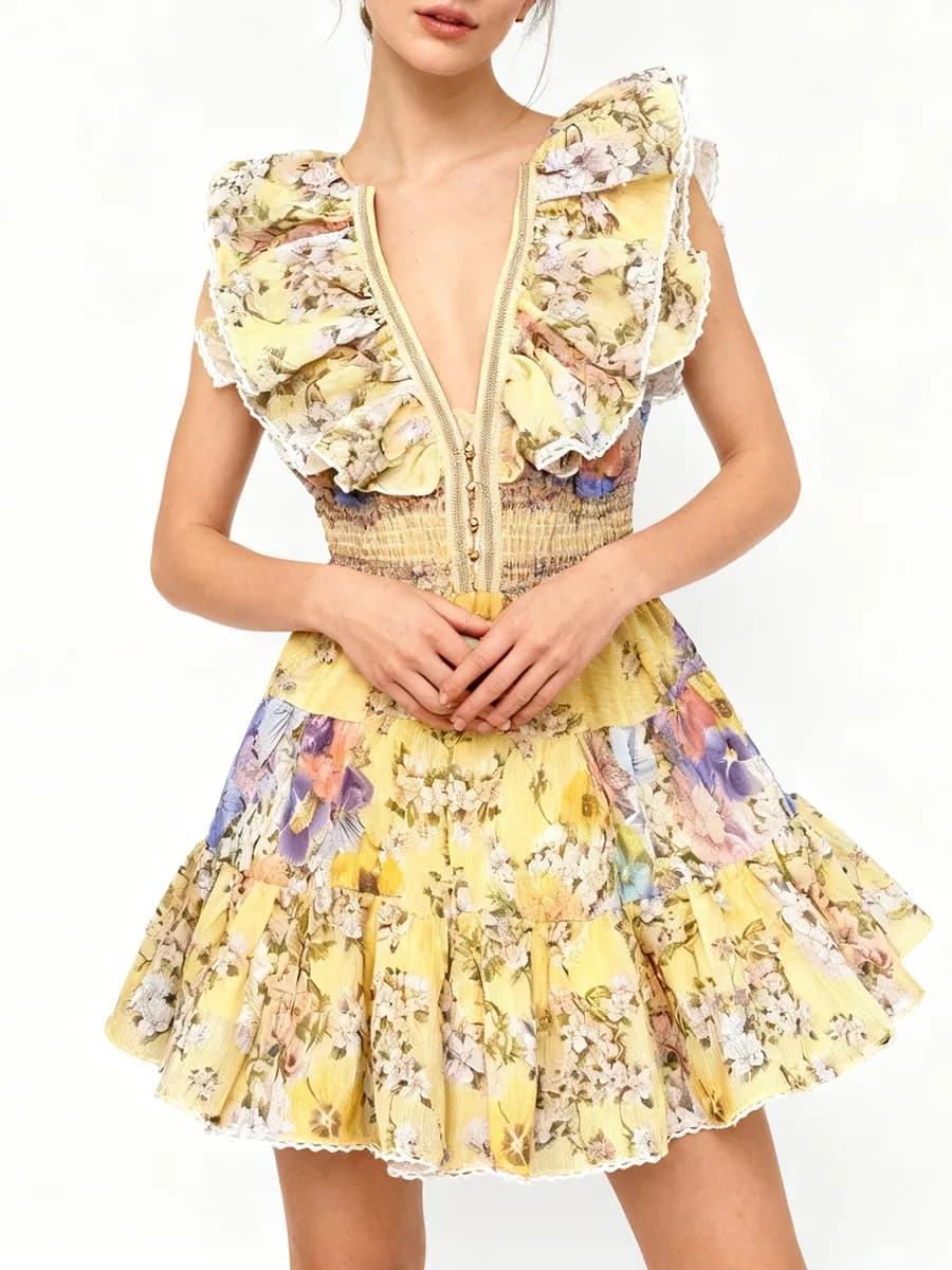 TWOTWINSTYLE minceur impression épissé volants plis robes élégantes pour les femmes col en V sans ma