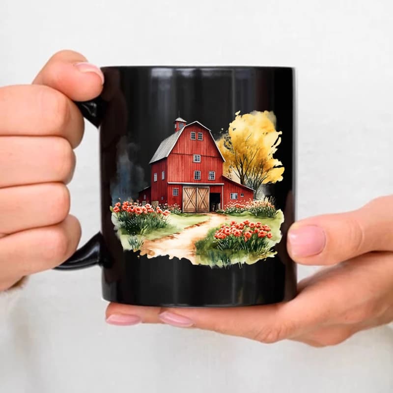 Tasse en céramique, design maison de grange noire avec arbres d'automne et zone de jardin, adaptée a
