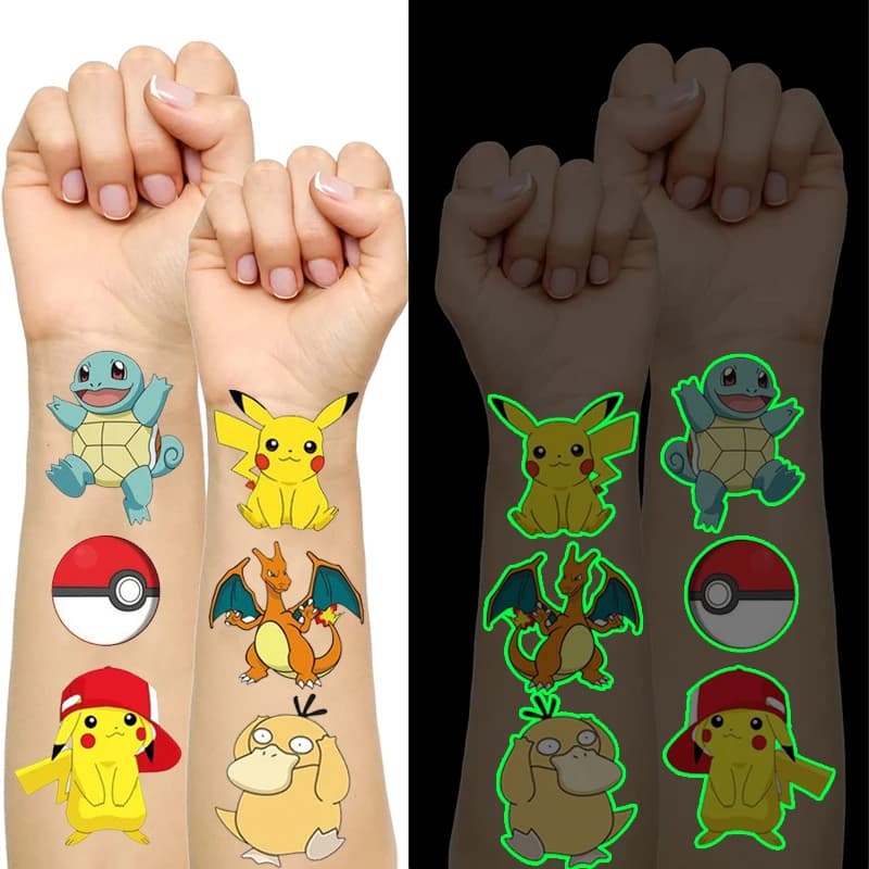Tatouages lumineux Pokemon pour enfants, Styles Pikachu, autocollants temporaires pour garçons et fi