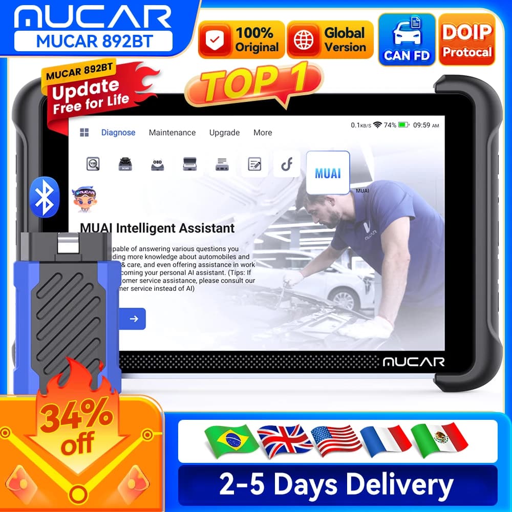 MUCAR 892BT Outil de diagnostic OBD2 assisté par IA Scanner CAN FD/DOIP OBD 2 Diagnostic de tous les