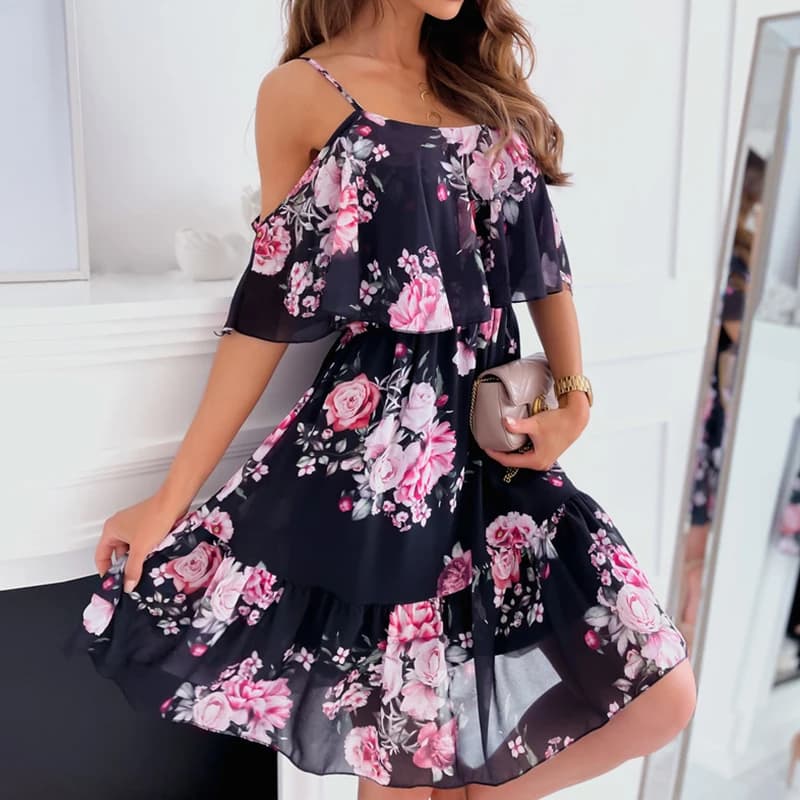 Robe en mousseline de soie à imprimé floral pour femmes, robe d'été sexy à bretelles, robe d'été élé
