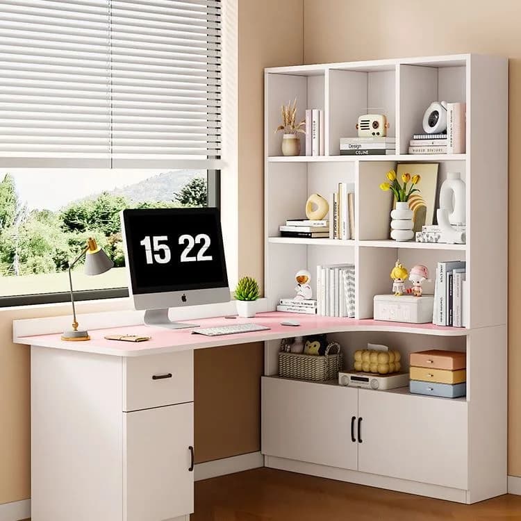 Bureau d'ordinateur d'angle à 3 tiroirs en forme de L avec prises de courant, grand bureau de rangem