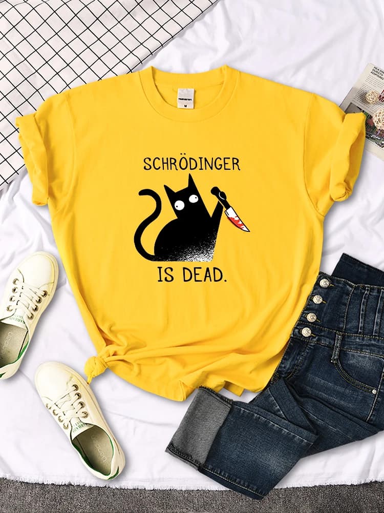 Femmes T-Shirts Schrodinger Is Dead dessin animé chat noir imprimé t-shirt femmes surdimensionné dou