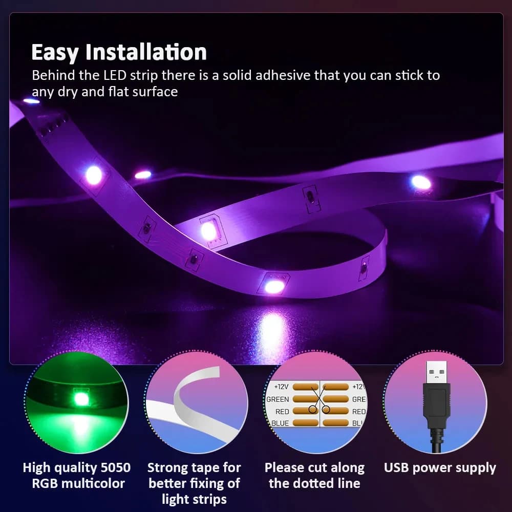 Bande lumineuse LED RGB 5050 5V USB, 3 touches de contrôle, bande lumineuse Flexible adaptée à la lu
