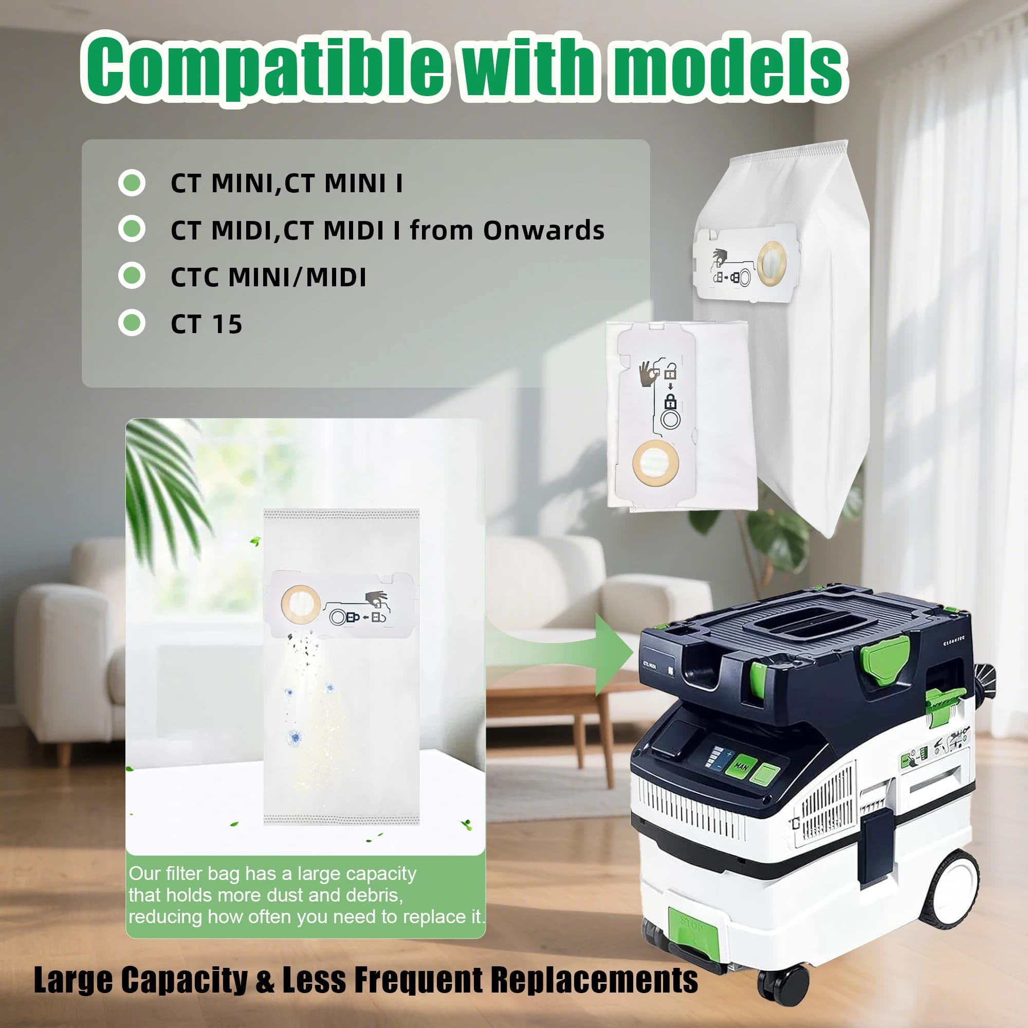 Paquet de 10 pour sac d'aspirateur Festool 204308 CT compatible avec Festool CT MINI, CT MINI I, CT 
