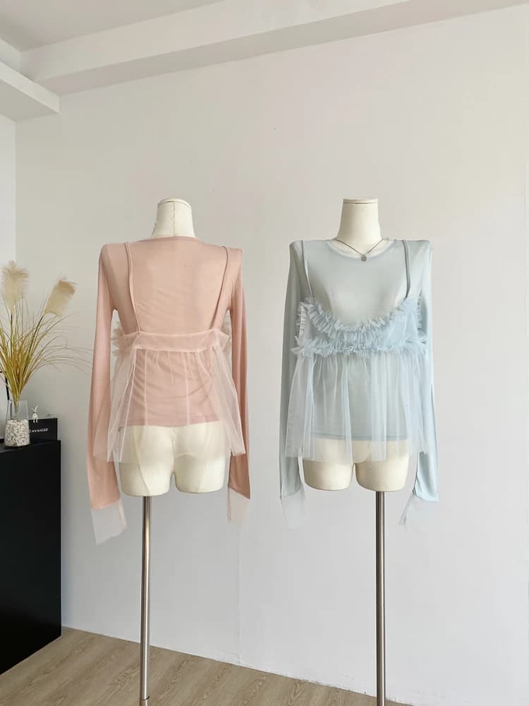Coréen en mousseline de soie jarretelle à manches longues T-Shirt femmes rose maille épissé T-shirt 