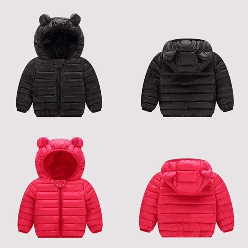 Mignon bébé filles vêtements d'hiver enfants légers vers le bas manteaux avec oreille à capuche prin