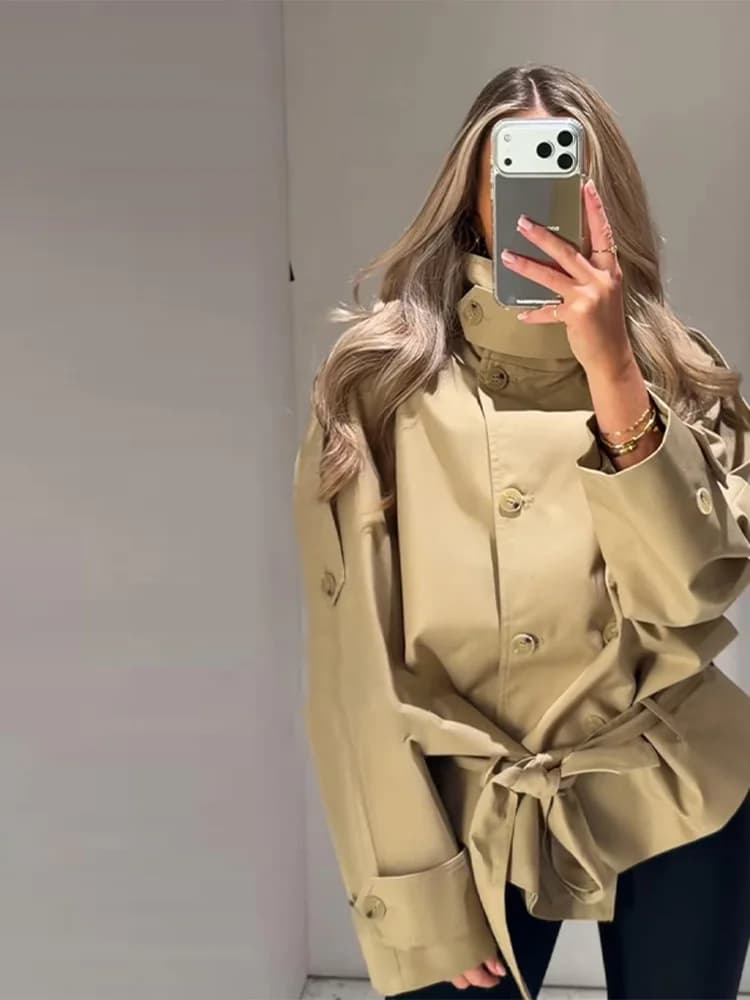 Élégant Trench-coat Femme à Col Montant, Double Boutonnage, Lacets, Manches Longues, Coupe-Vent, Nou