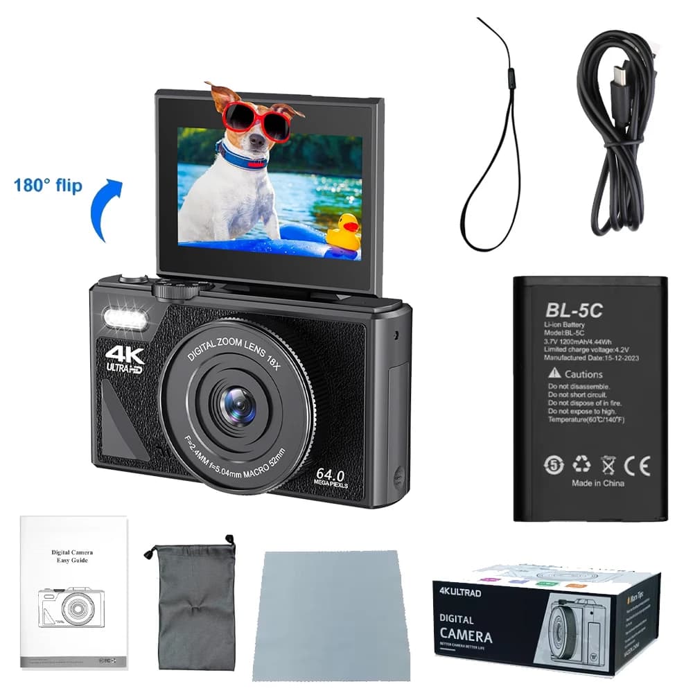 Appareil photo numérique Ourlife AC600 4K 64MP UHD, zoom numérique 18X 180 °   Caméra Vlogging vinta