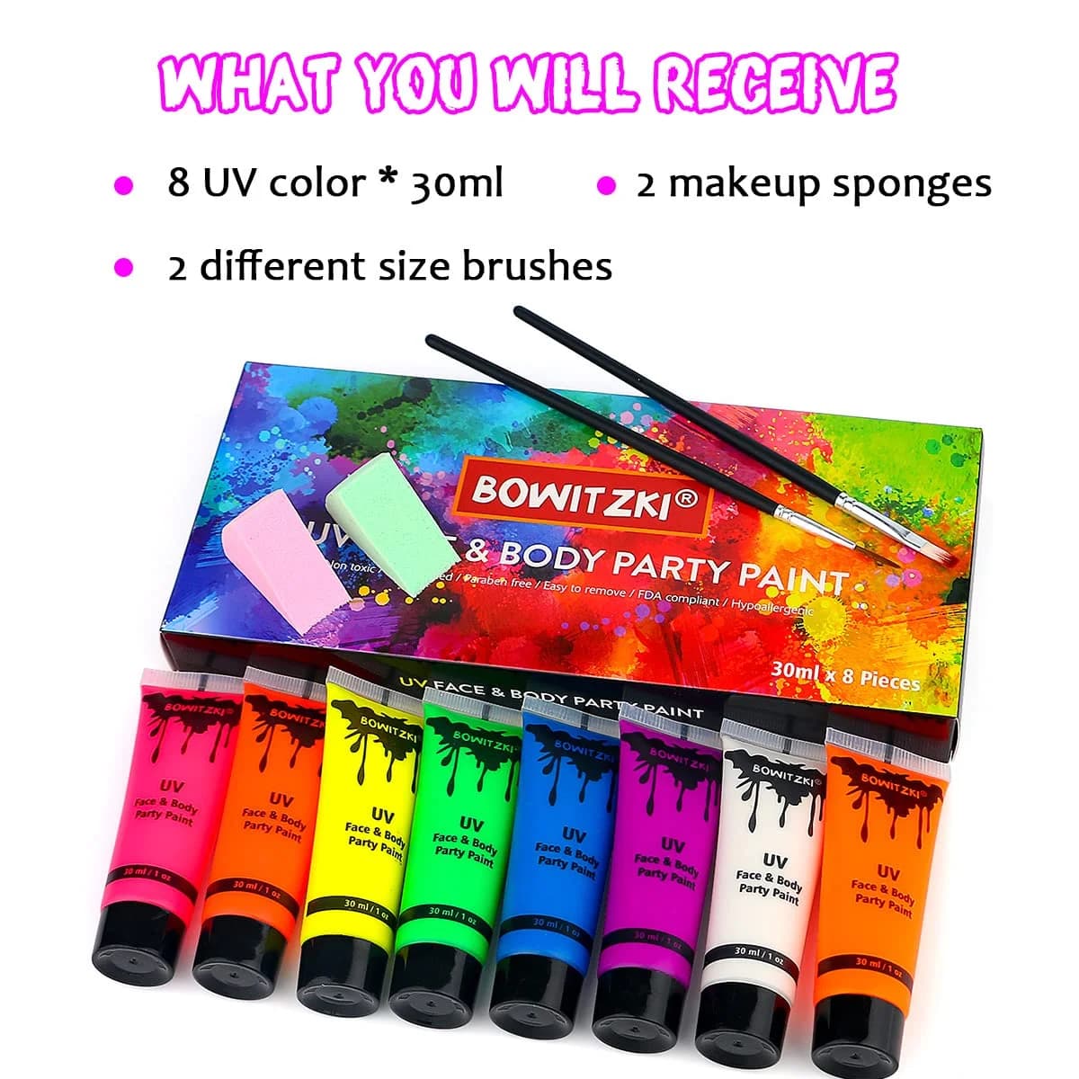 Bowitzki UV néon peinture pour le visage et le corps 8x30ml liquide grand Kit lumière noire brille d