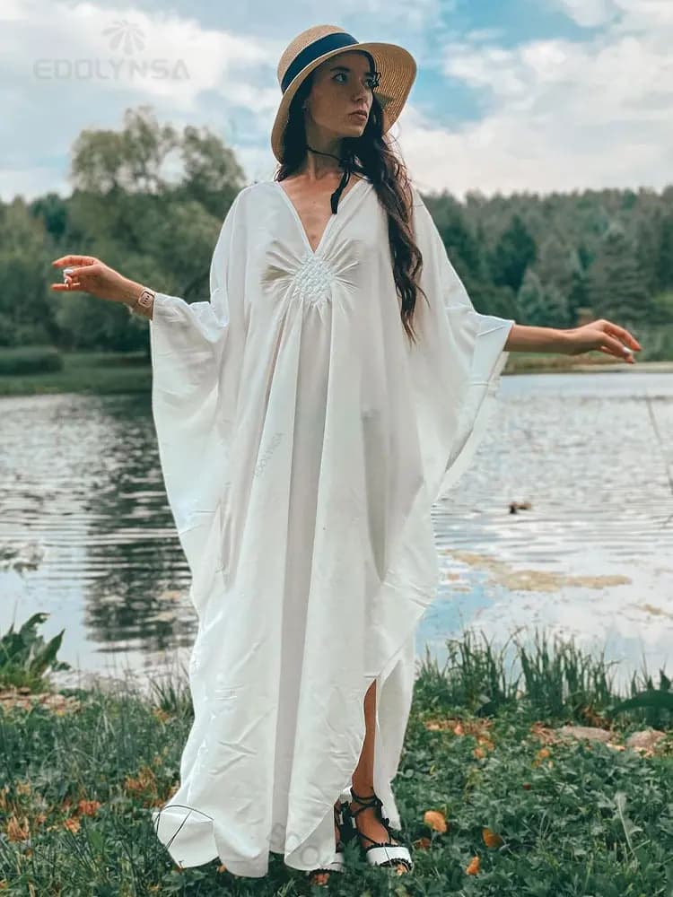 2025 solide col en v manches chauve-souris grande taille robe Maxi ample pour les femmes été plage p