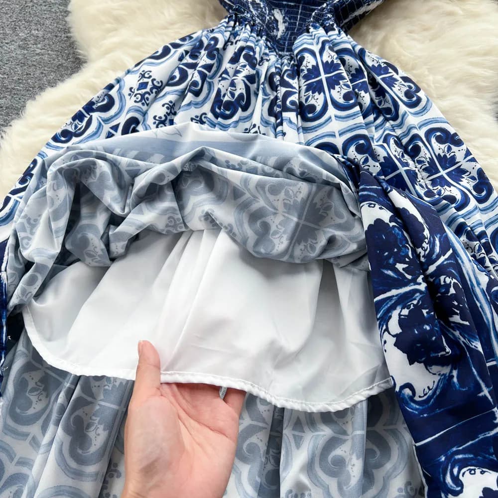 Robe longue de vacances pour femmes, nœud, bretelles Spaghetti, col en V, taille élastique, bleu et 