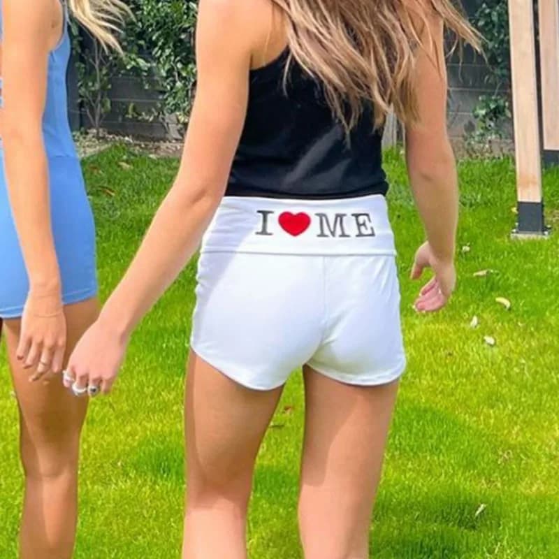 Y2K Aesthetic I LOVE Closer Letter Print Short, Harajuku Wstring, Wstring de proximité, Taille élast