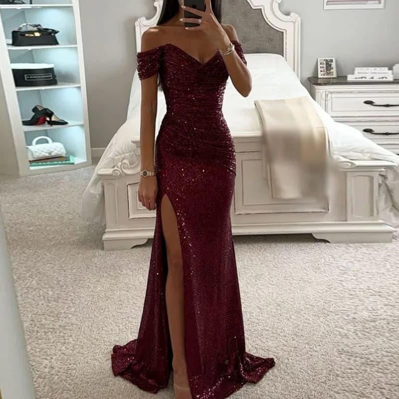 Robe de soirée longue à paillettes pour femmes, col slash, fente haute, hanches minces Sharkly, prin