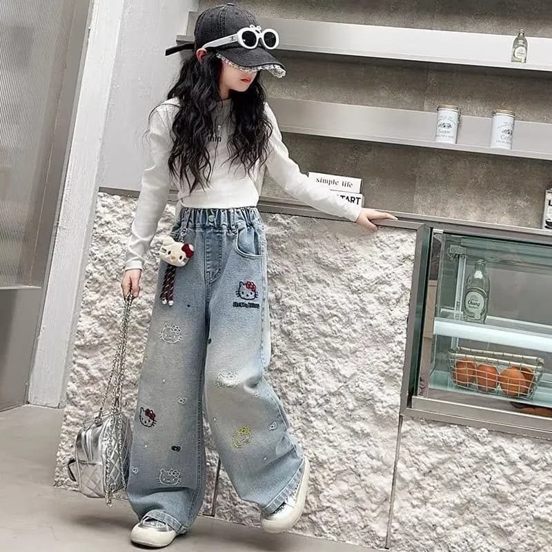 Jeans à jambes larges pour filles, printemps-automne, taille haute, pantalon long, vêtements pour en