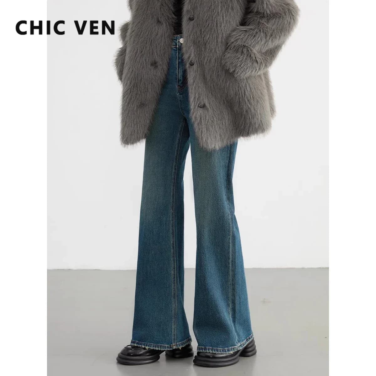 CHIC VEN-Jean évasé taille haute pour femme, pantalon en denim, pantalon en fer à cheval, micro élas
