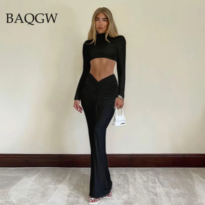 Ensemble de robe deux pièces à manches longues pour femmes, haut court sexy, jupes maxi, robe froncé